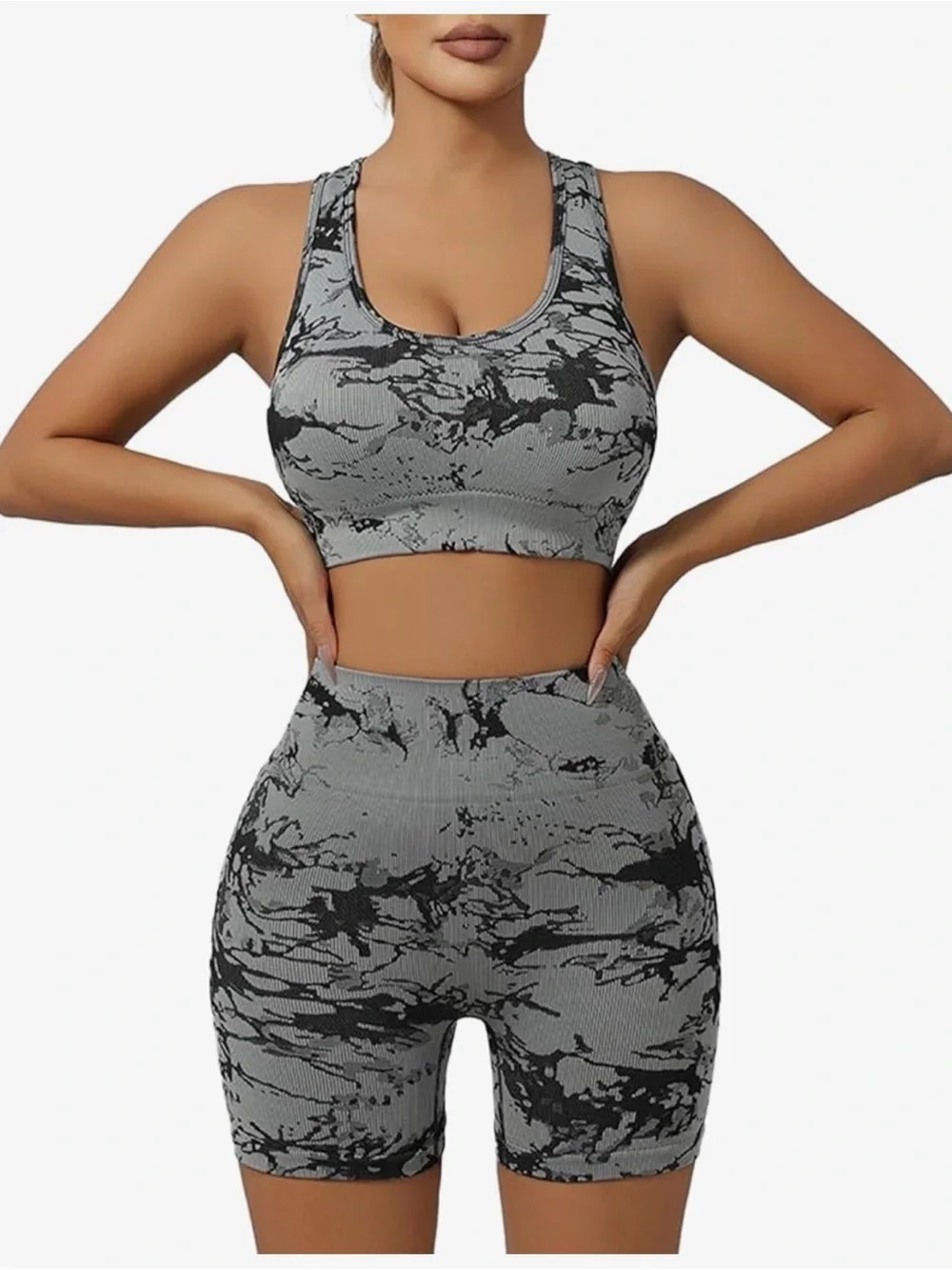 Seamless Gray Marble Sports Bra & High-Waist Shorts Set size M